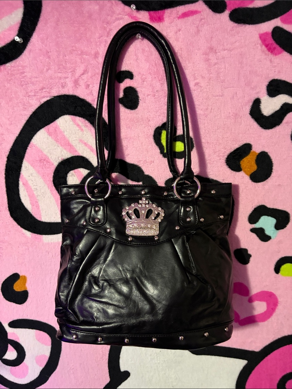Black Studded Tote Bag with Crown Emblem